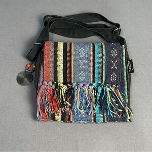 Catori Multicolor Handwoven Fringe Crossbody Flap Bag With Charm Boho Hippie EUC
